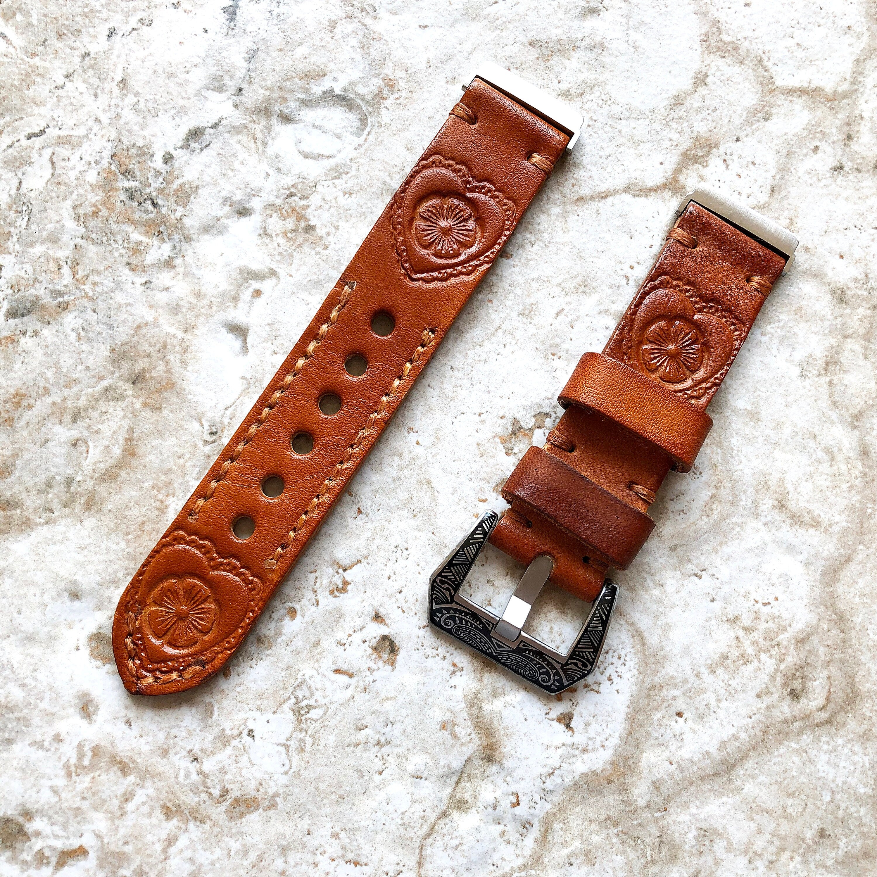 Band for Fitbit Versa 2 3 4 Sense 2 Heart Flower Tooled Embossed Brown Leather Strap Watch Bracelet Engraved Silver Rose Gold Black Finish